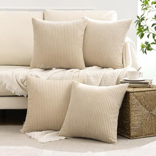 Image of MIULEE Boho Farmhouse Throw Pillow Covers 20x20 Inch Set of 4 Mordern Nordic Cushion Covers Soft Corduroy Spring Home Decor for Couch Bed Sofa Living Room Beige