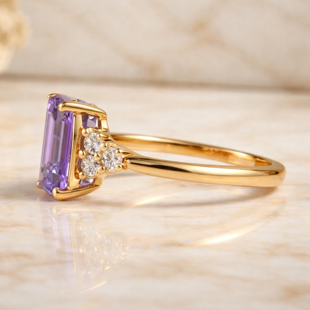 Emerald Cut Purple Amethyst Engagement Ring 14K Yellow Gold Diamond Accent Statement Ring February Birthstone Promise Ring Gift for Her