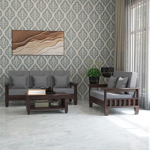 Image of Sheesham Wooden 5 Seater Sofa Set for Living Room | Solid Wood 3+2 Seater Cushion Sofa Sets with Newspaper Holder for Home & Office | Wooden Furniture Sofa for Lounge Walnut Finish