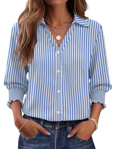AKEWEI Womens Striped Button Down Shirts 2026 Spring 3/4 Sleeve Collared Blouses...