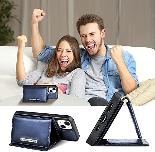 Image of PULOKA Wallet Back Case - Compatible with iPhone 13 - Vegan Leather Phone Cover - Detachable Card Holder Case with Kickstand - Shockproof, Anti Scratch & Raised Edges for Protection - Blue