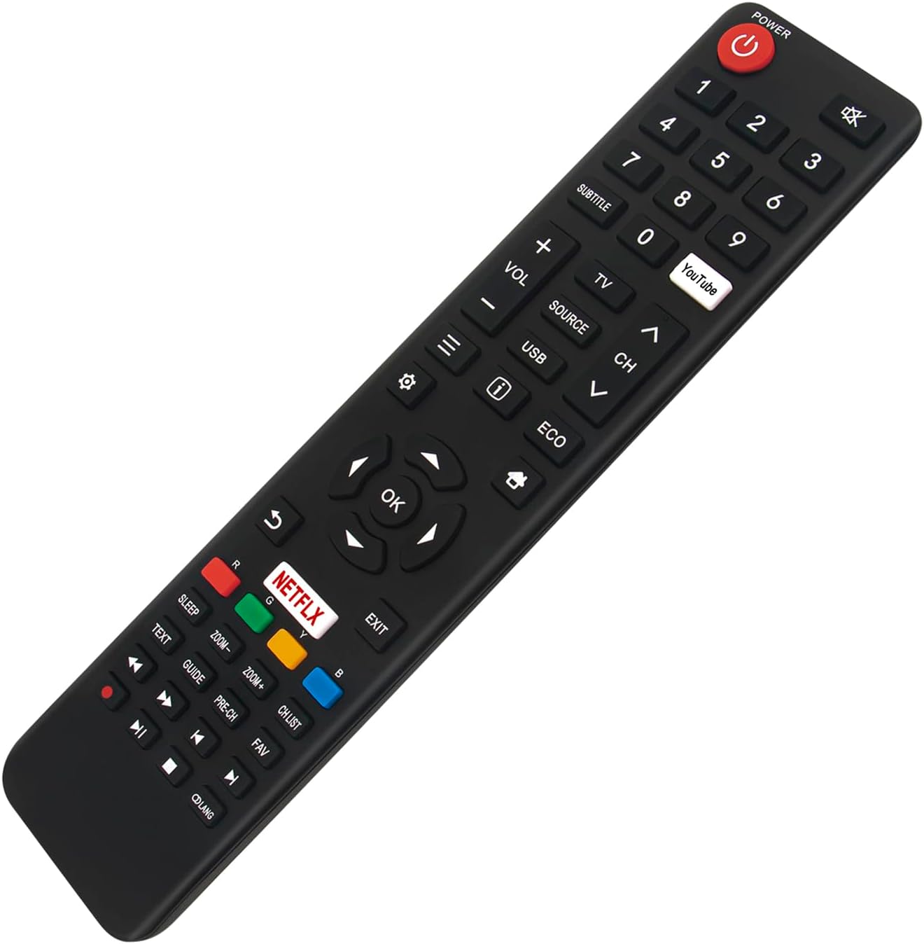 Lain angled view of the ALLIMITY remote control, showing the full button array