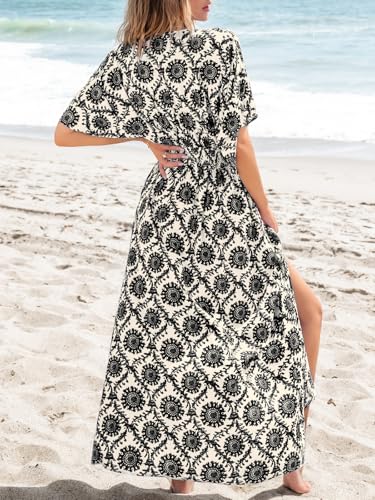 Image of CUPSHE Women's Summer Boho Maxi Dress Paisley Floral V Neck Smocked Dress Beach Vacation Slit Hem Flowy Dress with Pockets