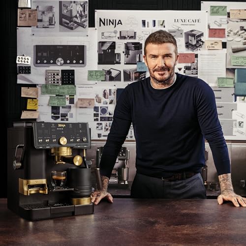 Image of Ninja Luxe Cafe Pro designed by David Beckham, Espresso Machine, Drip Coffee, Cold Brew, Hot Water, Integrated Tamper, Built-in Grinder, Hands-Free Frother for Lattes & More, Black /Gold, ES771BK