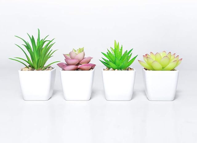 DuHouse Fake Succulents Plants Artificial Potted Faux Plant in Mini White Plastic Pots for Home Office Bathroom Garden Decor Set of 4(Green)