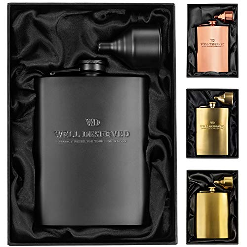 Matte Black Flask + Black Funnel Gift Set, 8 oz. Engraved WELL DESERVED