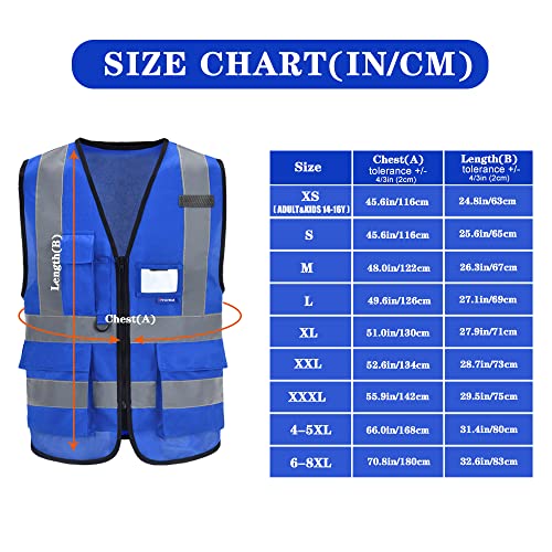 Image of High Visibility Reflective Vest, 7 Pockets, Zipper, Blue, 6XL-8XL | Blue 6XL-8XL fabric work vest with 7 pockets, reinforced pockets and front zipper for data centers and mechanical work.