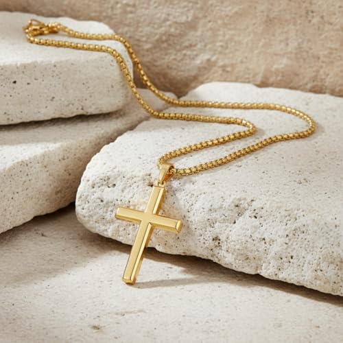 Image of 14K Gold Cross Necklaces for Men,Crosses Pendant Necklace for Mens Minimalist Religion Jewelry Chunky Box Chain 24in