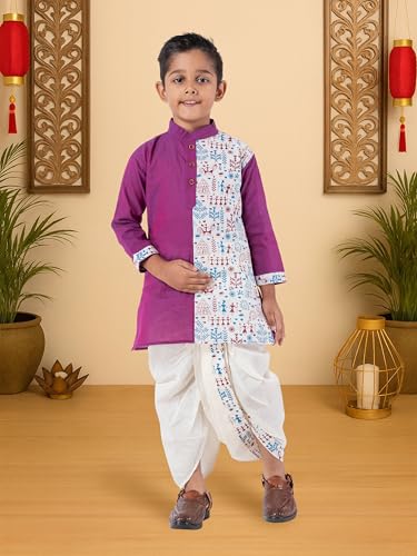 Image of Kids Ethnic Wear - Stylish Half Printed & Vibrant Color Pure Cotton Kurta with Elastic Waist Dhoti Set for Boys