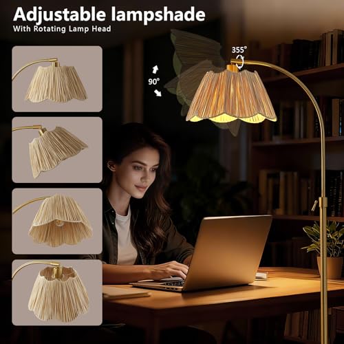 Image of 64'' Adjustable Arc Floor Lamp with Natural Rattan Woven Shade