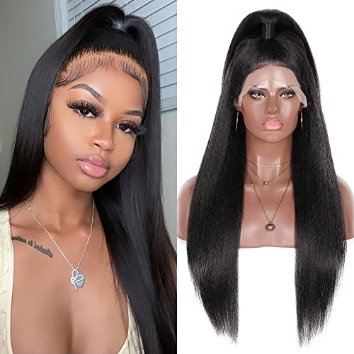 Youthfee 30" Rough Yaki Synthetic Lace Front Wigs with Updo Ponytail Lace Front Wigs for Women Long Yaki Straight Wig with Baby Hair (Black)