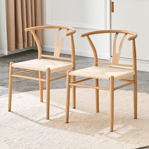 Secsofier Set of 2 Wishbone Dining Chairs Medieval Style Y-Shaped Armchairs with Woven Natural Rope Seat and Iron Frame Natural Wood Color and Ironwork Sturdy Modern Design