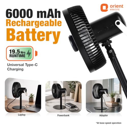 Image of Lumo Rechargeable Table Fan for Home | Portable Battery Fan with 6000 mAh Battery | 4 Speed Modes, 180 Rotation, Adjustable Height | Magnetic Remote & LED Light, Type-C Charging | Black