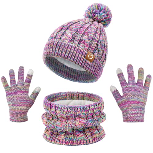 KIRAAT Kids Winter Pom Beanie Hat Scarf Gloves Set Toddler Girls Boys Warm Knitted Fleece Lining Woollen Cap for 3-10 Years (Rainbow(01) one size)