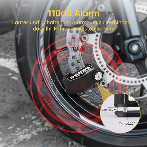 ZELENY Bremsscheibenschloss Alarm 110db Motorrad Schloss, Motorradschloss Alarmanlage mit 1.5m Rückrufkabel und Schlosstasche, Scheibenbremsen Schloss für Moto Fahrrad Moped