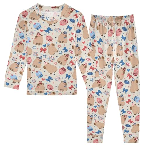 Cute Capybara Colorful Stars Cute Pajama Sets Long Sleeve Top and Pants, Snug Fit Sleepwear for Night Wears