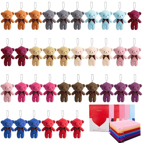Image of Guiqulai 36 Set Mini Plush Bear Toy 4.7 Inches Tiny Bears Mini Soft Stuffed Animal Doll Toys with Greeting Cards and Mesh Bags for DIY Keychain Birthday Wedding Cake Decor Valentine