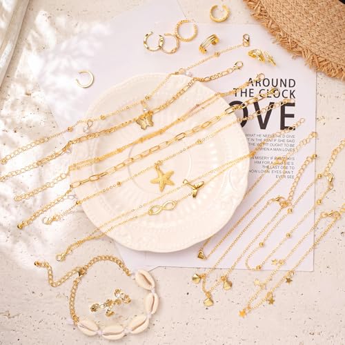 Image of Sasylvia 24 Pcs Anklet and Toe Ring Set for Women Girl Silver Gold Layered Anklet Chain Adjustable Open Toe Ring Foot Jewelry