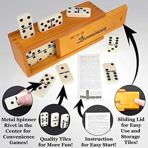 Queensell Dominoes Set For Adults - Double Six Standard Dominos Set 28 Tiles With Brown Wood Case + Mexican Train Dominoes Set For Adults Tile Board Game - Domino Set 91 Tiles With Aluminum Case #TOP1