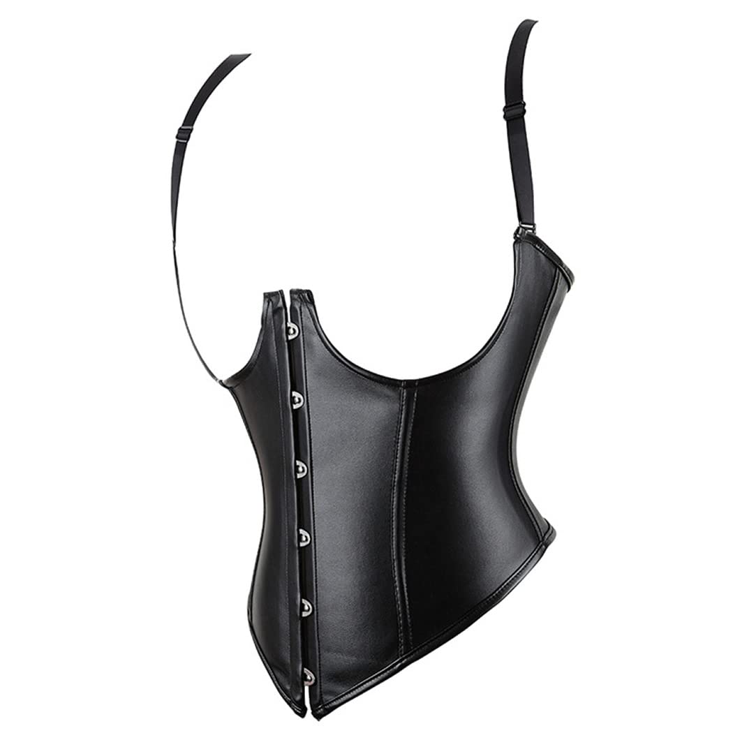 DISSA Corset Sous Poitrine Similicuir avec Bretelles | Similicuir, sous poitrine, fermeture busk avant, bretelles réglables, ruban laçage arrière, baleines plastiques