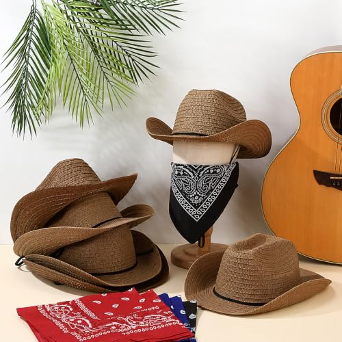 Image of Coume 36 Set Straw Cowboy Hats with Bandana Include 36 Cowboy Party Hats 36 Western Scarf in 4 Color for Cosplay Accessories