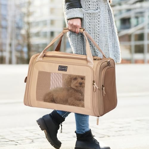 Petsfit Transportbox Hund Katze Faltbar Hundetasche für kleine Hunde Katzen Tragetasche mit verstellbarem Schultergurt & weiches expandierbare Kissen, M/Khaki