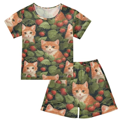 ALAZA Strawberry Cute Cats Pajama Set Short Sleeve Sleepwear Soft Lounge Nightwear