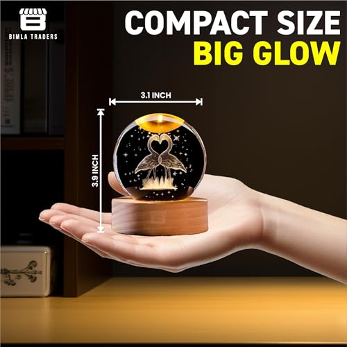 Image of 3D Crystal Flamingo Ball Night Lamp | Glass Ball Night LED Lamp with Wooden Base for Couple, Home, Office, Birthday Gift | Symbol for Love | (Flamingo)