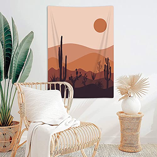 Mid Century Modern Tapestry Boho Mountain Cactus Abstract Vertical Tapestries, Desert Landscape Art Minimalist Sunset Sunrise Bohemian Aesthetic Tapestry Wall Hanging For Bedroom Living Room, 40X60In #TOP2