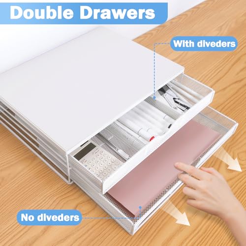 Image of ARCOBIS Wood Monitor Riser with Drawers, Mesh Metal Computer Monitor Stand Riser with Storage for Desk, Max Load Capacity 40LB, 2 Drawers, White