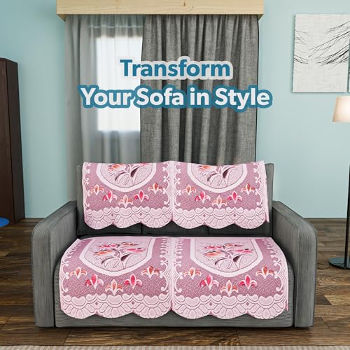 Image of Kuber Industries (Set of 4) Stylish & Durable Cotton Sofa Covers 2 Seater | Aesthetic Sofa Protector /Mat & Slipcover for Hall, Living Room & Office | Flower Design - White & Pink