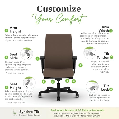 Image of HON Ignition 2.0 Ergonomic Office Chair with Adjustable Arms, Advanced Synchro‑Tilt Recline, Upholstered Desk and Computer Chair for Home Office or Workstation, Black Frame, Bark
