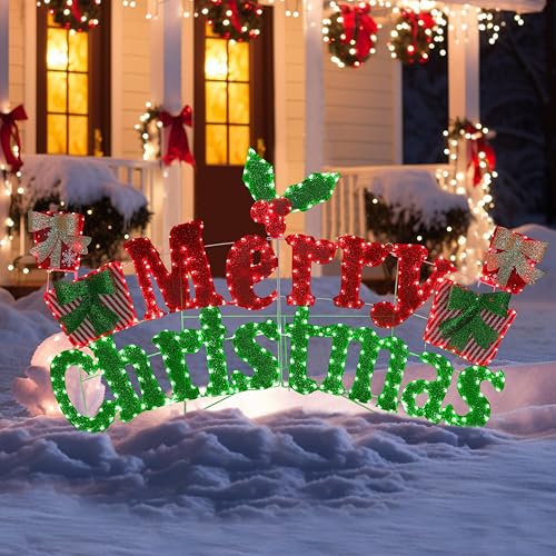 BlueWish 6FT Merry Christmas Sign Pre-Lit Christmas Sign with 456 LED Lights 2-in-1 Hanging or Freestanding Holiday Greeting Light for Indoor and Outdoor