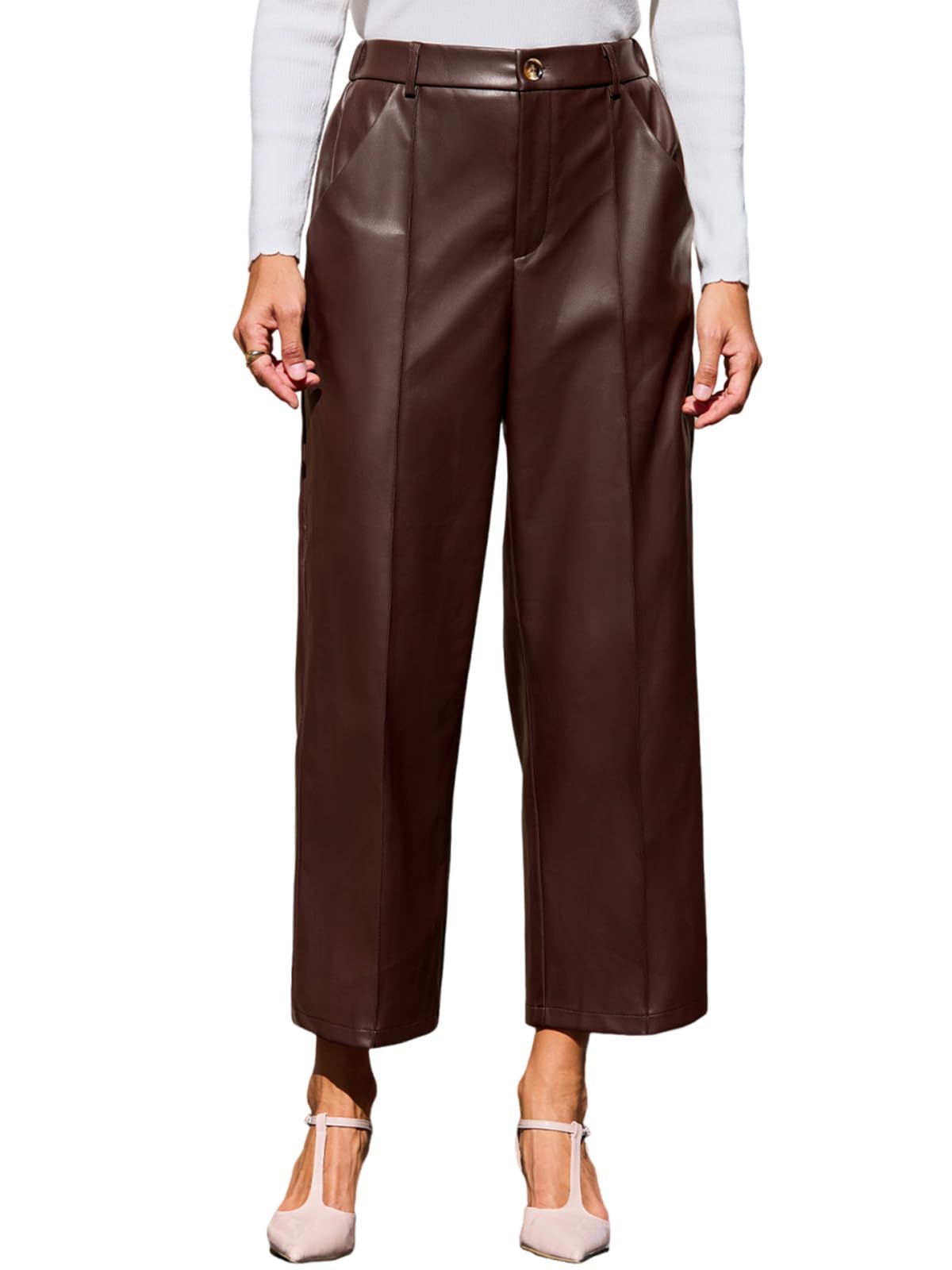 CUPSHE Pantalon court en similicuir pour femme - Taille haute - Jambe large - Avec poches