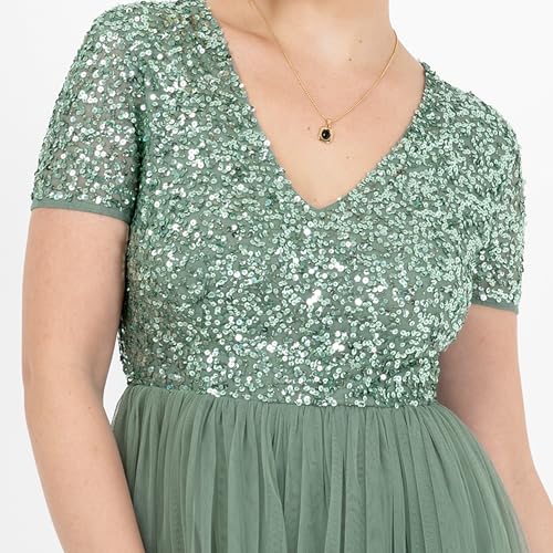 Maya Deluxe Damen Maya Deluxe Embellished Midi Evening Dress for Women Ladies V Neckline with Short Sleeve for Prom Wedding Brautjungfernkleid, Deep Mint,
