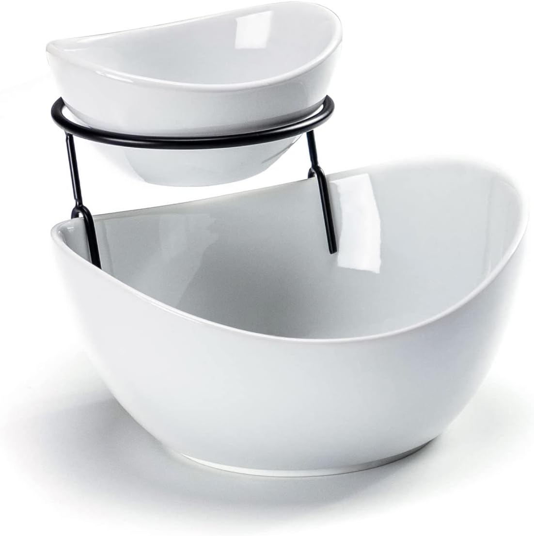 UNICASA Serving Bowls Set, 2 Tier Chip and Dip Bowls with Metal Rack Stand for Fruit, Salad, Candy, Snacks - Ceramic Tiered Appetizer Serving Dishes Food Display Stand for Parties, Kitchen 2-Tier Serving Bowl Set with Metal Rack