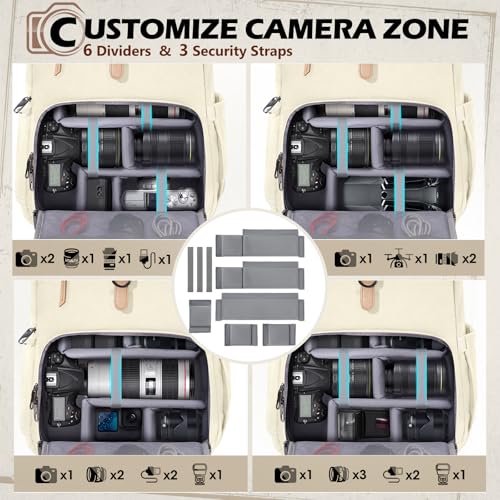 Image of RAINSMORE Camera Backpack, DSLR SLR Mirrorless Camera Bag for Photographer | 15.6 Inch Vintage Canvas Camera Case with Laptop Compartment & Tripod Holder & Rain Cover for Sony Canon Nikon Fujifilm Beige