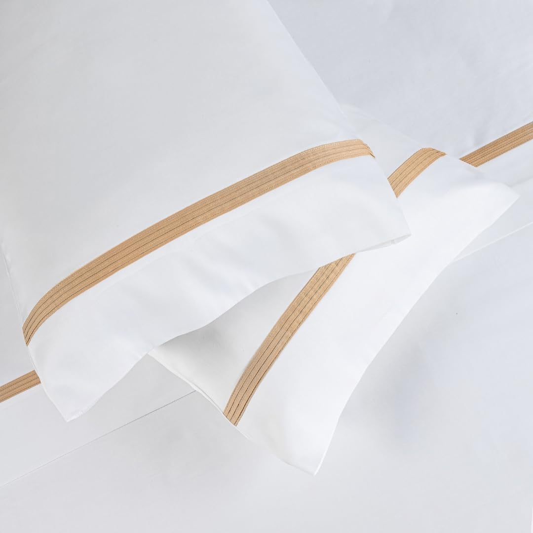 Juego de Sábanas Blancas con Franja de Tela en Tonos Amarillos 679-300 Hilos de Algodón Satén - Sábanas para Cama 150/160 con una Funda de Almohada de 45x175 cm
