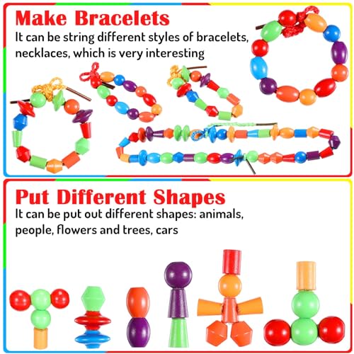 Image of Shappy 324 Pcs Wooden Lacing Beads for Wooden String Beads Threading Toys Montessori Lacing Toys Fine Motor Skills Developmental Educational Plaything Sensory Occupational Activities Autism OT