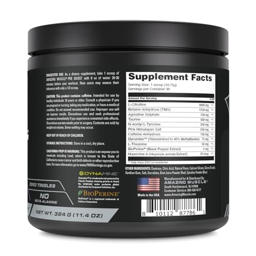 Image of Amazing Muscle Pre Boost | 30 Servings | 324 Grams Powder | Pre Workout Supplement | Made in USA (30 Servings, Natural Grape Candy)