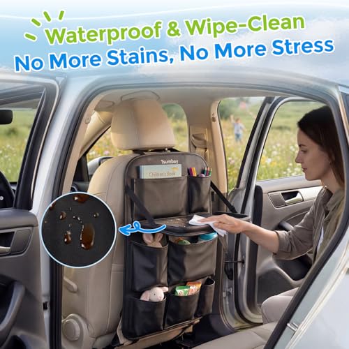 Image of Tsumbay Car Backseat Organizer with Tablet Holder,9 Storage Pockets Foldable Table Tray Seat Back Protectors Kick Mats -PU Leather 1Pck