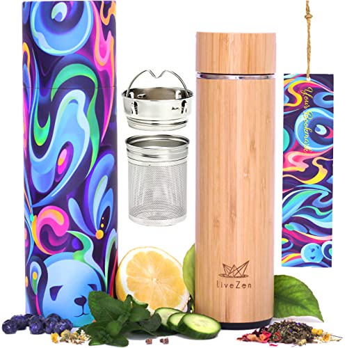 Tea Infuser Bamboo Bottle 18 oz. for Loose Leaf (and herbal infusion) with Funky Gift Box. Insulated Double Wall Stainless Steel Thermos, Travel Tumbler with Leakproof Lid, Strainer and Handle. Brew your Hot or Cold Coffee in this Plastic-Free Flask