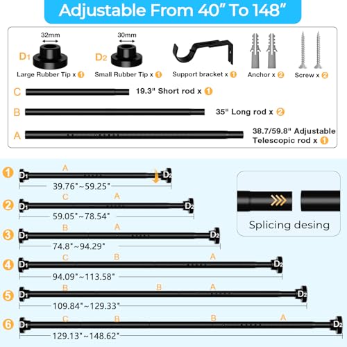 Image of MEXAU Black Tension Curtain Rod 40-148 Inch Long Tension Rod 1.26 inch Spring Tension Curtain Rod Adjustable Curtain Rods No Drilling Tension Shower Rod Curtain Tension Rod for Bathroom Windows Doorways
