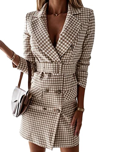 Minetom Damen Blazer Kleid Frauen Elegant Langarm V-Ausschnitt Hemdkleid Business Büro Jacke Knopf Anzug Langer Blazer Minikleid Y1 Khaki 36