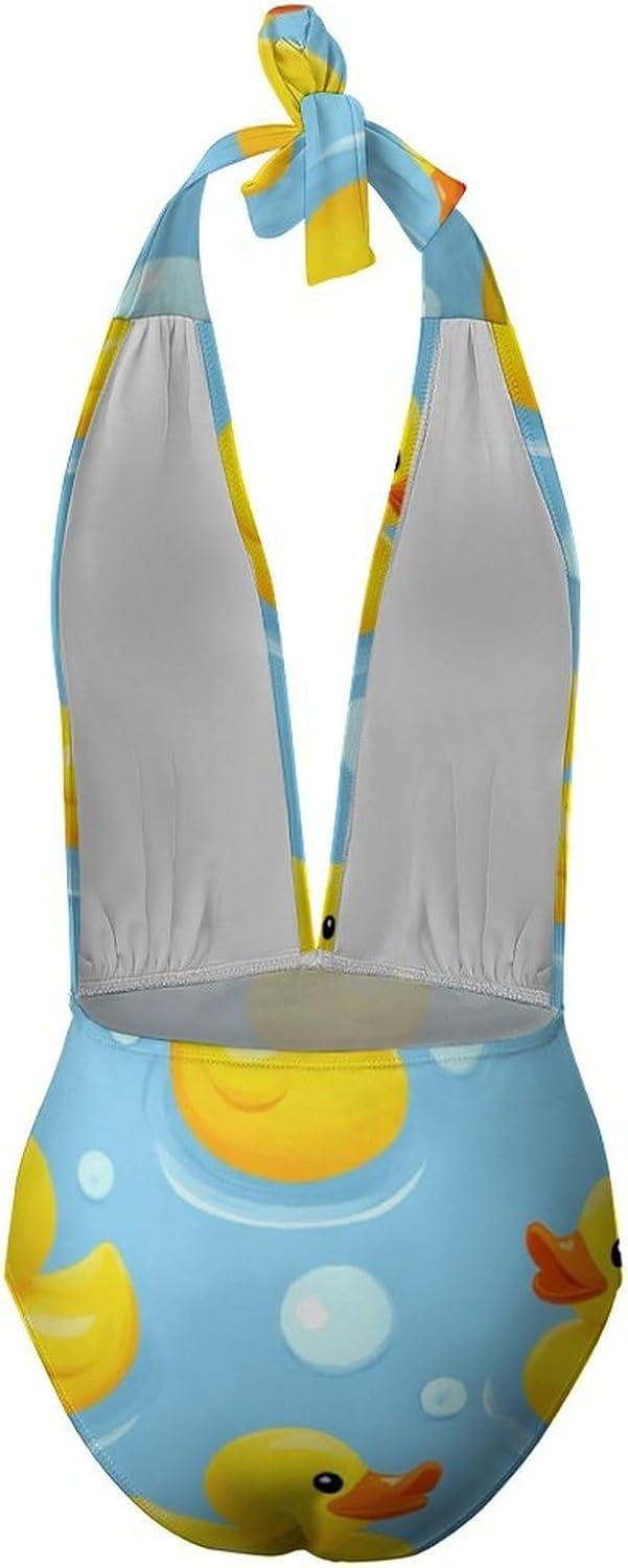 Women One Piece Swimsuit Monokini V-Neckline Swimwear Vintage Beachwear