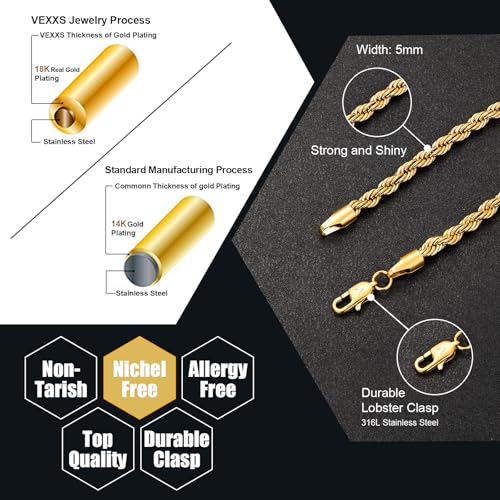 VEXXS Rope Chain Bracelet for Men, 18K Real Gold Plated Men's Rope Link Bracelet, Durable No Color Fading Cuban Link Bracelet 5mm Men’s Gold Bracelet2
