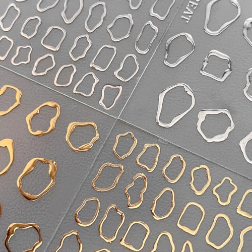 5D Embossed Metal Nail Art Stickers, 4Sheets Gold Silver Irregula...