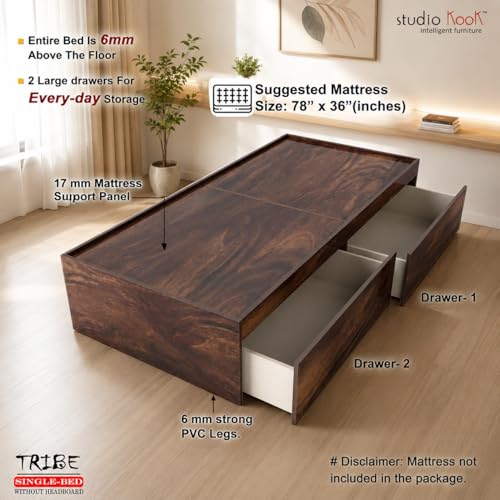 Image of Studio Kook Tribe Engineered Wood Single Bed with Dual Storage Drawers | Without Headboard (78x36 Inches, Junglewood, Matte Finish)