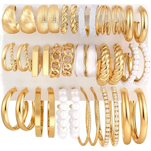18 Pairs Gold Hoop Earrings Set for Women, Hypoallergenic Chunky Pearl CZ Croissant Statement Hoop Earrings Pack, Trendy Jewelry Set for Women Gifts