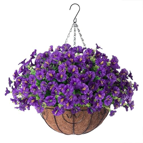 Artificial Fake Hanging Plants Flowers Basket for Outdoors Spring Summer Decoration, Silk Purple...